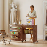 Table de machine à coudre sur roulettes, table de bricolage pliante avec 2 bacs, étagère de rangement, 18 chevilles, roulettes verrouillables