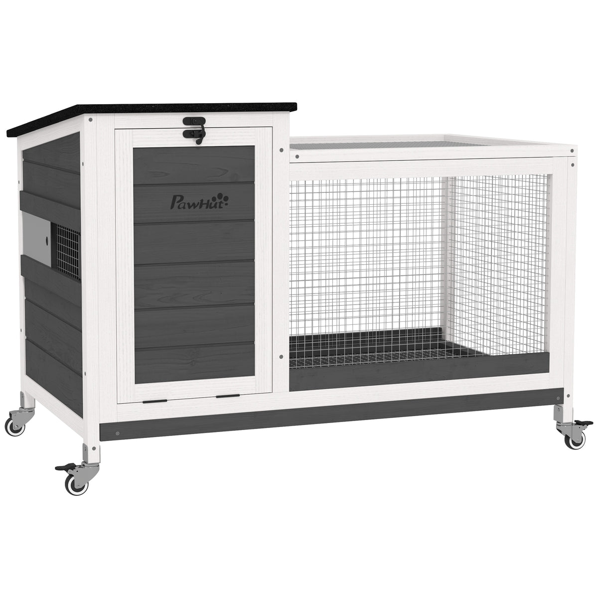Wooden Rabbit Hutch with Pull-Out Tray, Small Animal Cage on Wheels with Run