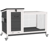 Wooden Rabbit Hutch with Pull-Out Tray, Small Animal Cage on Wheels with Run