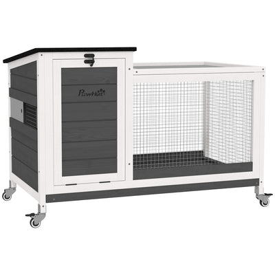 Wooden Rabbit Hutch with Pull-Out Tray, Small Animal Cage on Wheels with Run