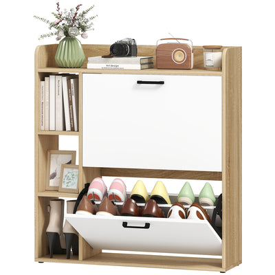 Shoe Cabinet with 2 Flip Drawers, 3 Side Compartments, Adjustable Shelves, 8-12 Pairs for Entryway Hallway