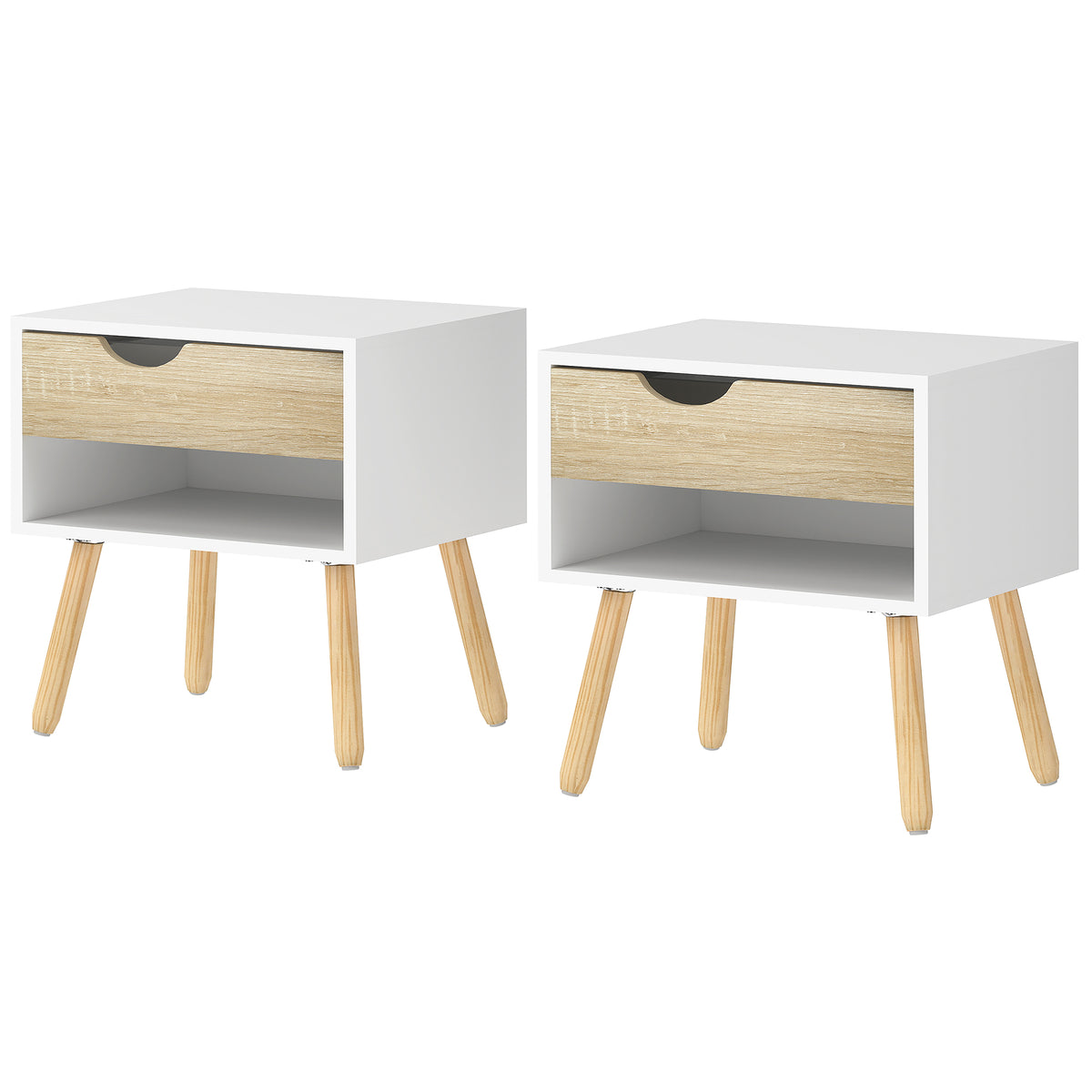 Set of 2 Bedside Table with Drawer and Shelf, Modern Nightstand with Wooden Legs