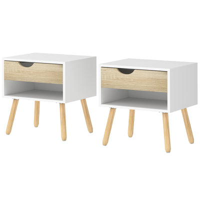 Set of 2 Bedside Table with Drawer and Shelf, Modern Nightstand with Wooden Legs