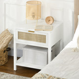 Boho Nightstand, Bedside Table with Rattan Drawer and Open Shelf