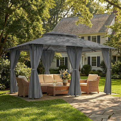 13'L x 10'W x 8.7'H Patio Gazebo Outdoor 2-Tiers Garden Canopy Yard Sunshade Shelter with Curtains