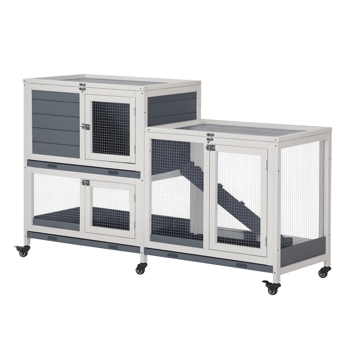 Wooden Rabbit Hutch Elevated Pet House Bunny Cage Small Animal Habitat with Slide-out Tray Lockable Door Openable Top for Indoor 58