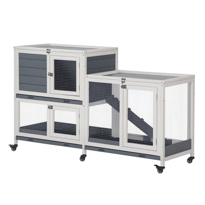 Wooden Rabbit Hutch Elevated Pet House Bunny Cage Small Animal Habitat with Slide-out Tray Lockable Door Openable Top for Indoor 58