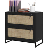 2-Drawer Filing Cabinet with Lock, Rattan File Cabinet with Adjustable Hanging Bar