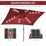 Parasol patio 6,5x10pi rectangle alimenté énergie solaire inclinaison aluminium marché extérieur parasol LEDs manivelle (rouge vin)