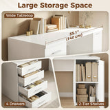 140 cm Computer Desk with Adjustable Shelf Home Office Desk with Drawers and Cabinet White Wood Grain