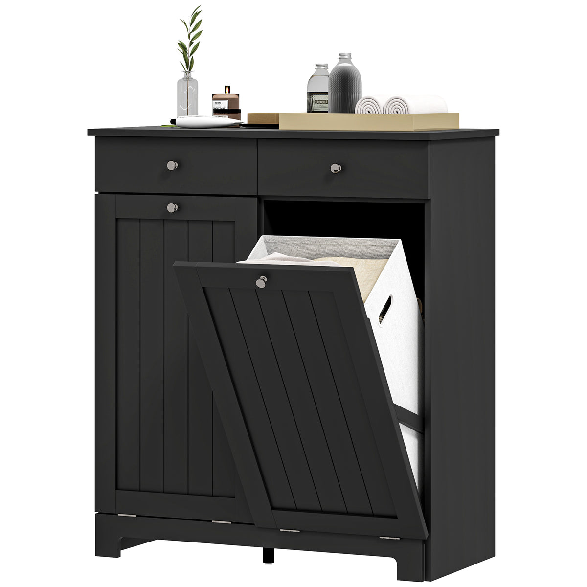 Laundry Cabinet, Tilt Out Laundry Hamper Cabinet with 2 Baskets, Bathroom Hamper Cabinet with 2 Drawers