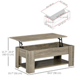 Table basse relevable avec compartiment de rangement dissimulé et étagère ouverte
