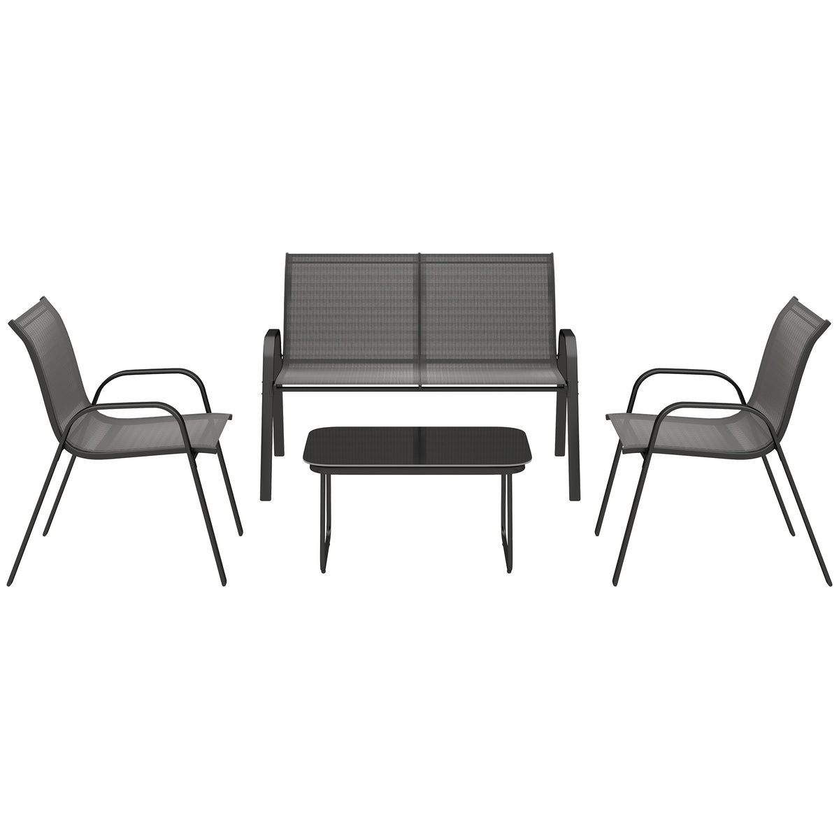 4 Pieces Outdoor Furniture Set with 2 Stackable Chairs, Patio Conversation Set with Glass Coffee Table