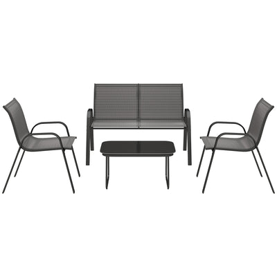 4 Pieces Outdoor Furniture Set with 2 Stackable Chairs, Patio Conversation Set with Glass Coffee Table
