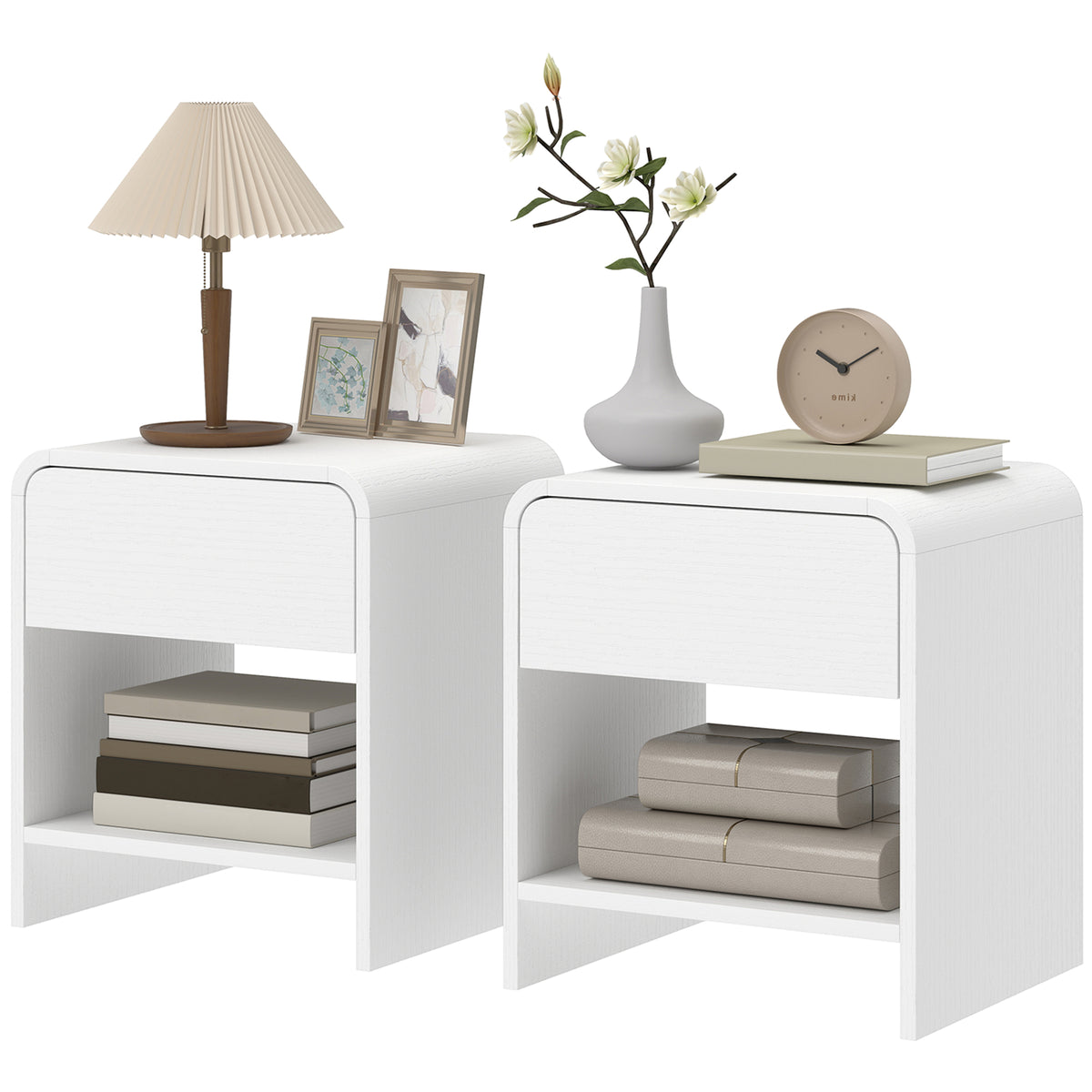 Nightstand Set of 2, Modern Bedside Table with Rounded Corners, Nightstand with Drawer and Open Shelf
