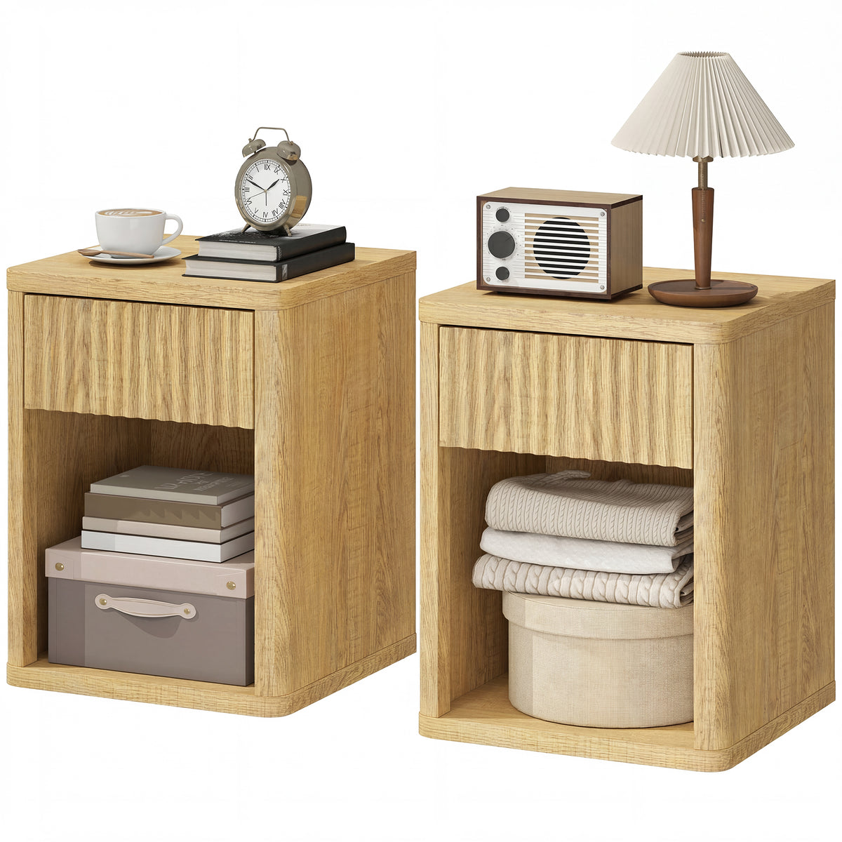Nightstand with Drawer and Open Shelf, Modern Bedside Table Set of 2 for Bedroom Living Room