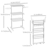 3-Tier Foldable Clothes Drying Rack, Stainless Steel Laundry Rack with 2 Side Wings and 6 Castors, Collapsible Adjustable Clothes Airer for Indoor Outdoor