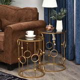 Lot de 2 tables basses rondes, tables d'appoint gigognes dorées avec plateau en verre trempé, cadre en acier pour salon