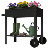 Metal Raised Garden Bed, Elevated Planter Box with 2 Wheels, Handle and Shelf, 31.5