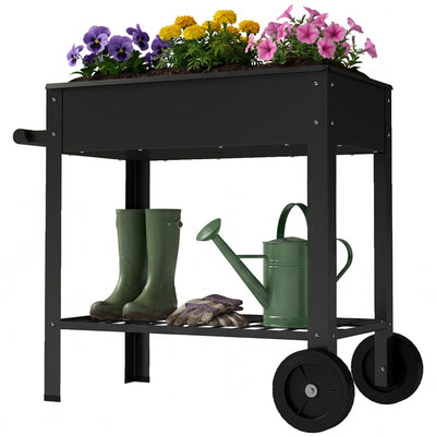 Metal Raised Garden Bed, Elevated Planter Box with 2 Wheels, Handle and Shelf, 31.5