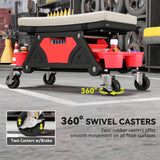 Rolling Garage Stool with Wheels, 300 LBS Capacity Padded Mechanic Stool with Tool Trays Storage