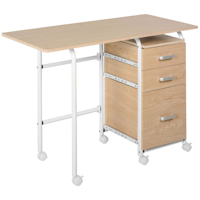 Foldable Computer Desk with Drawers, Executive Student Table with Storage Shelf, 6 Wheels for Bedroom Home Office Workstation