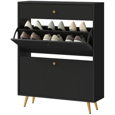 Narrow Shoe Storage Cabinet with Wave-like Panels and Adjustable Shelves for 12 Pairs of Shoes