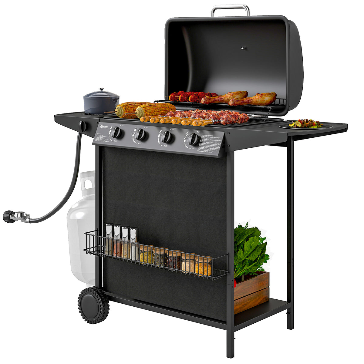 4+1 Burner Propane Gas BBQ Grill, Side Table, Shelf, Spice Rack, Wheels