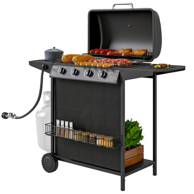 4+1 Burner Propane Gas BBQ Grill, Side Table, Shelf, Spice Rack, Wheels