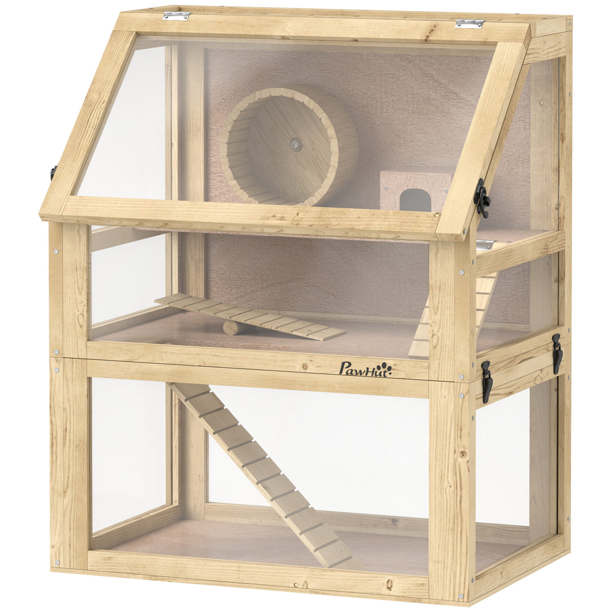 Wooden Hamster Cage, 3 Tier Gerbil Cage with Deep Bottom, Exercise Wheel, 24