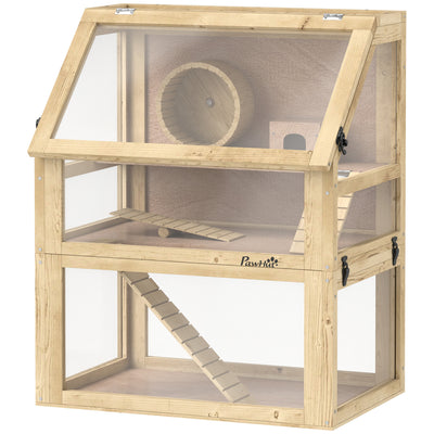 Wooden Hamster Cage, 3 Tier Gerbil Cage with Deep Bottom, Exercise Wheel, 24