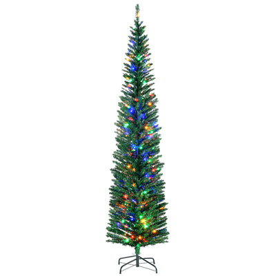 7.5' Artificial Pencil Christmas Trees Holiday Decoration with Colourful LED Lights, Steel Base