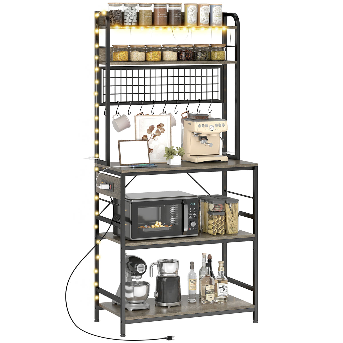 Kitchen Baker's Rack with Power Outlet and LED Light, 5-Tier Coffee Bar Station with 10 Hooks