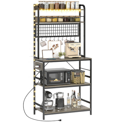 Kitchen Baker's Rack with Power Outlet and LED Light, 5-Tier Coffee Bar Station with 10 Hooks