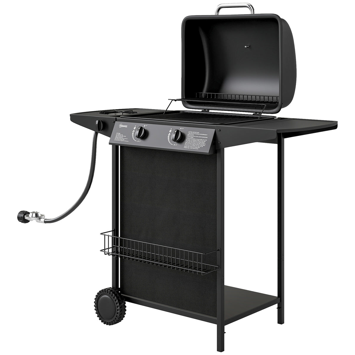 2+1 Burner Propane Gas BBQ Grill, Side Table, Shelf, Spice Rack, Wheels