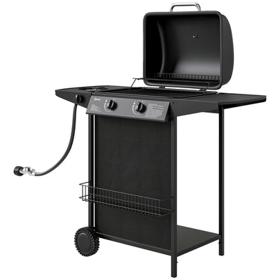 2+1 Burner Propane Gas BBQ Grill, Side Table, Shelf, Spice Rack, Wheels