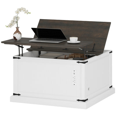 Table basse avec plateau relevable et station de recharge, table centrale carrée de ferme avec rangement caché