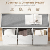 Banc de rangement à chaussures, banc d'entrée style lin avec 3 tiroirs amovibles et coussin de siège rembourré pour couloir