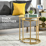 Lot de 2 tables basses gigognes à base métallique, table d'appoint ronde avec plateau en verre trempé pour salon