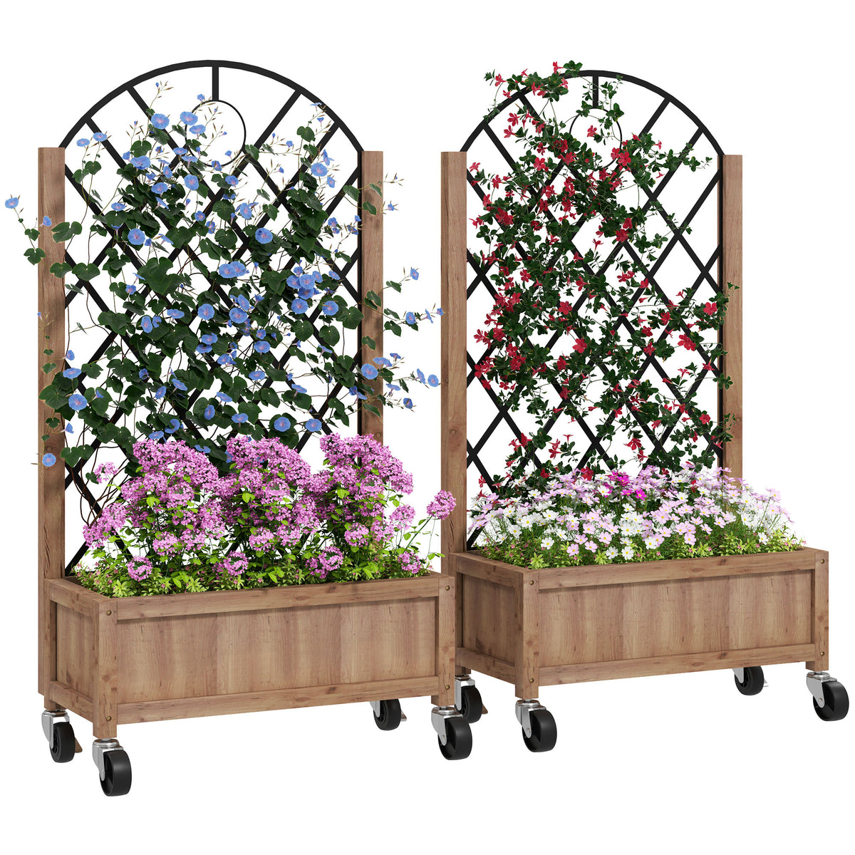 Raised Garden Bed with Metal Trellis, Elevated Planter Box with Wheels and Drainage Holes, 20.5