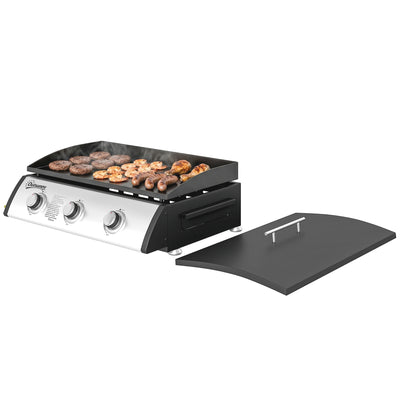 Propane Gas Grill with 3 Main Burners, 8530 BTU Outdoor BBQ Grill Cart with Non-Stick Griddle and Lid