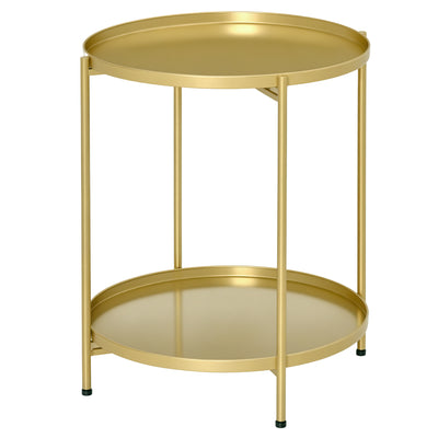 Table d'appoint dorée à 2 niveaux, table de chevet ronde avec plateaux amovibles, cadre métallique pliable, pied réglable, petite table pour salon et chambre
