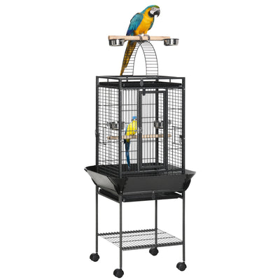 61.5 Inch Bird Cage Parakeet House for Cockatiel with Stand, Pull Out Tray, Storage Shelf, Wood Perch
