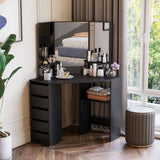 Corner Vanity Desk with Mirror, Makeup Vanity Table with 5 Drawers and Open Shelves, Dressing Table with 3-piece Mirror for Bedroom