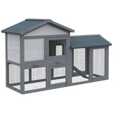 Wood Rabbit Hutch Backyard Bunny Cage Small Animal House Asphalt Roof w/ Ramp and Outdoor Run Dark