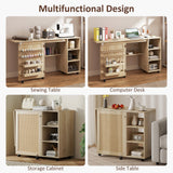 Table de machine à coudre avec plateau abattant, table de bricolage pliante avec portes en rotin et étagères de rangement pour petits espaces