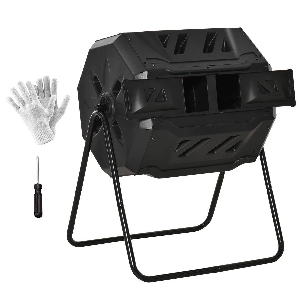 Tumbling Compost Bin Outdoor Dual Chamber 360° Rotating Composter 43 Gallon with Sliding Doors