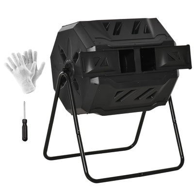 Tumbling Compost Bin Outdoor Dual Chamber 360° Rotating Composter 43 Gallon with Sliding Doors