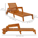 Chaise longue en bois Chaise de bronzage extérieure avec roulettes, dossier ajustable 3 positions et accoudoirs