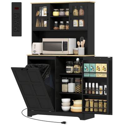 Kitchen Pantry Cabinet with Charging Station, 7 Gallon Trash Can Cabinet, Adjustable Shelves and Acrylic Doors